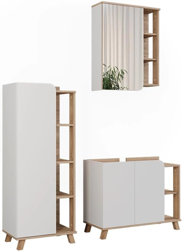 Set di mobili da bagno Karen, Sonoma/antracite, 80 cm, composto da mobile sottolavabo, specchiera e mobile medio