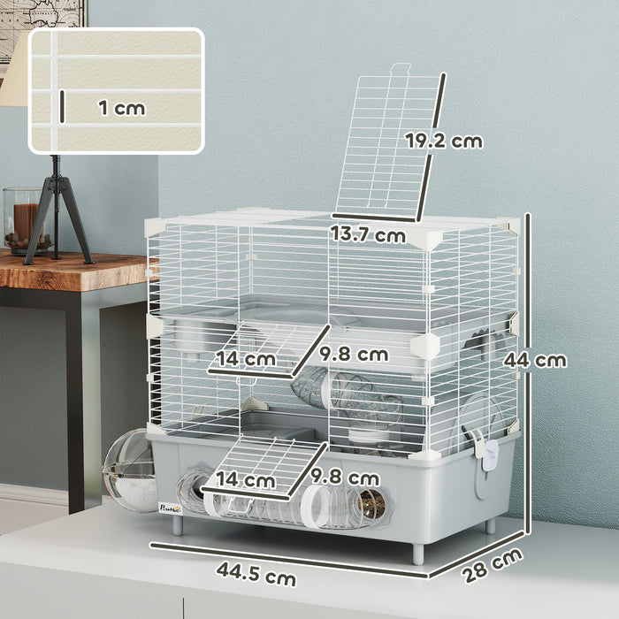 Gabbia per Criceti a 2 Livelli 44,5x28x44 cm 3 Porte Ruota e Tubi in Acciaio Grigio e Bianco
