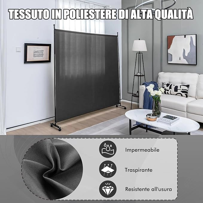 Separé Divisorio Singolo 184 x 184 CM, Paravento da Interno ed Esterno con Ruote Bloccabili, Pannello Divisorio per Ambienti Interni Portatile da Soggiorno Camera da Letto e Ufficio (Grigio)