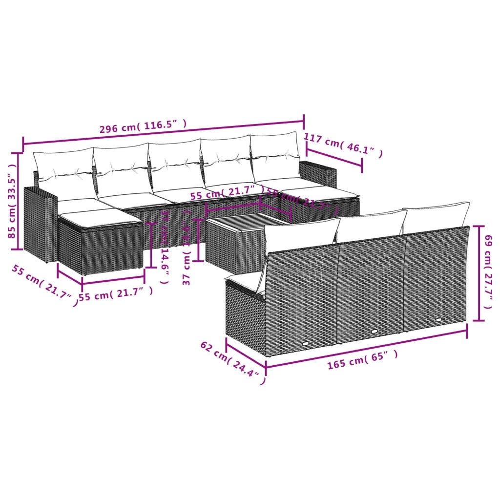 Set Divani da Giardino 11 pz con Cuscini Beige in Polyrattan