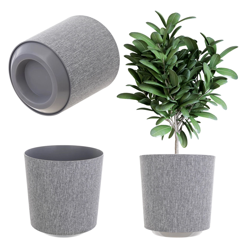 Vaso da fiori KADAX, coprivaso rotondo in tessuto grigio fantasia, 30 cm