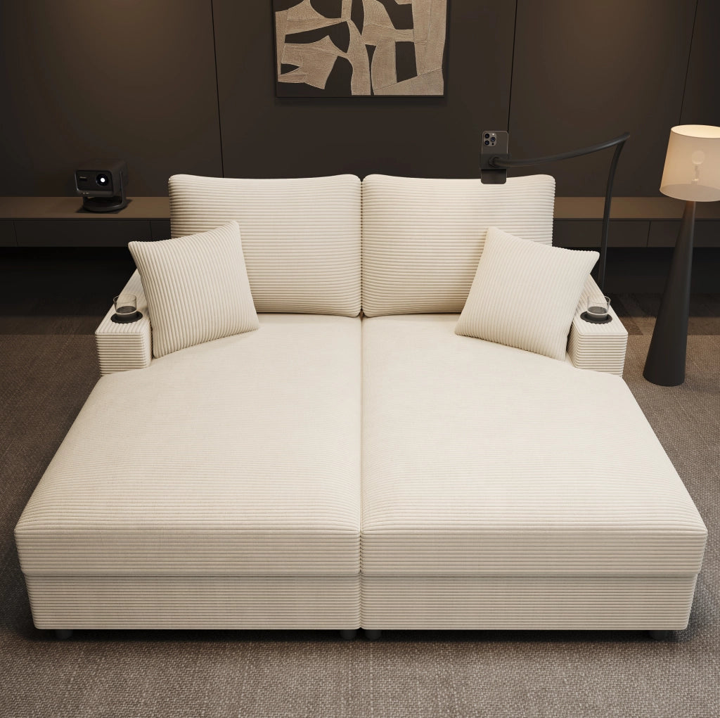 Divano 2 posti 163x140 cm in velluto a coste beige con USB e USB-C HOMVRA