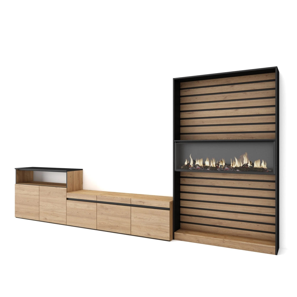 Mobile TV, Soggiorno, 360x35x186cm, Per TV fino a 65", Camino elettrico, colore Rovere e nero RF3163