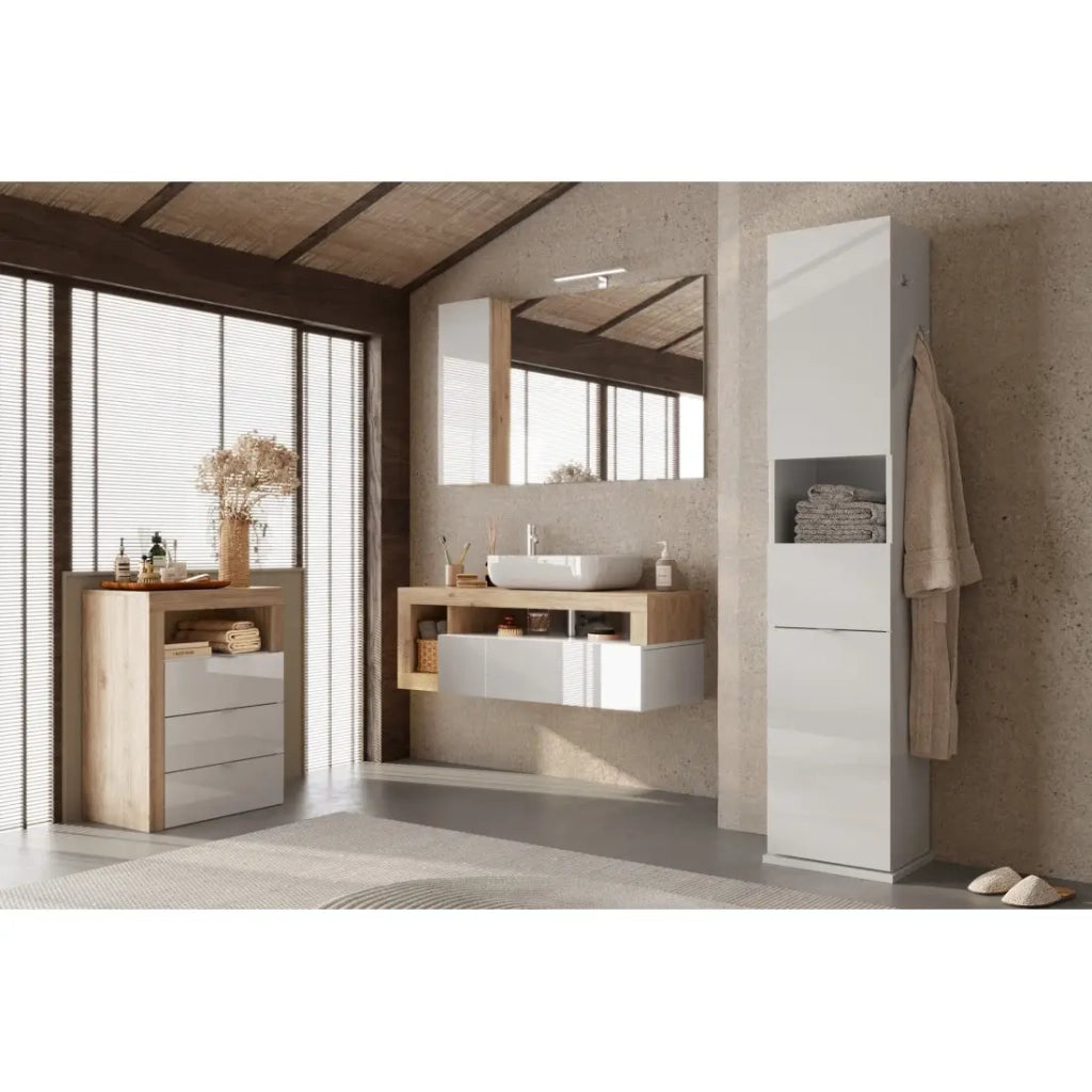 Colonna da bagno girevole con specchio, 2 porte, collezione ISORA. Colore bianco lucido.