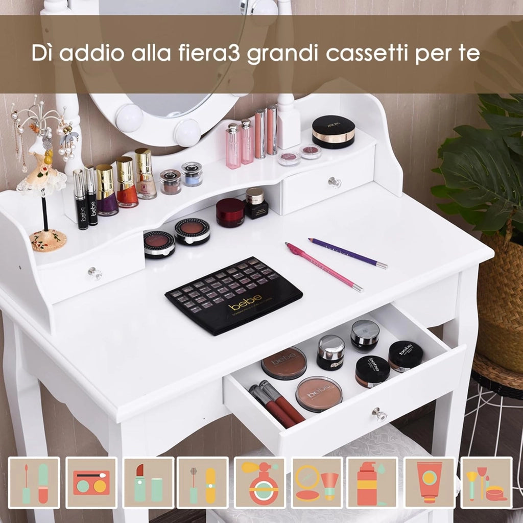 Toeletta da Trucco, Set Tavolo e Sgabello da Trucco, Specchio con 10 Luci LED, Toeletta Multifunzionale con 3 Cassetti, Specchio Rotante a 360⁰, Postazione Make-up Moderno (Bianco)
