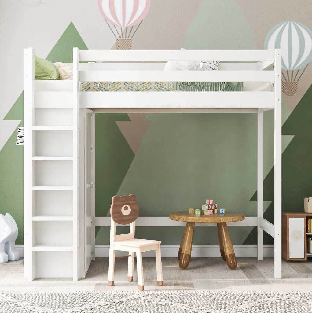 Letto a soppalco 90x200 cm bianco con armadio e 6 ripiani