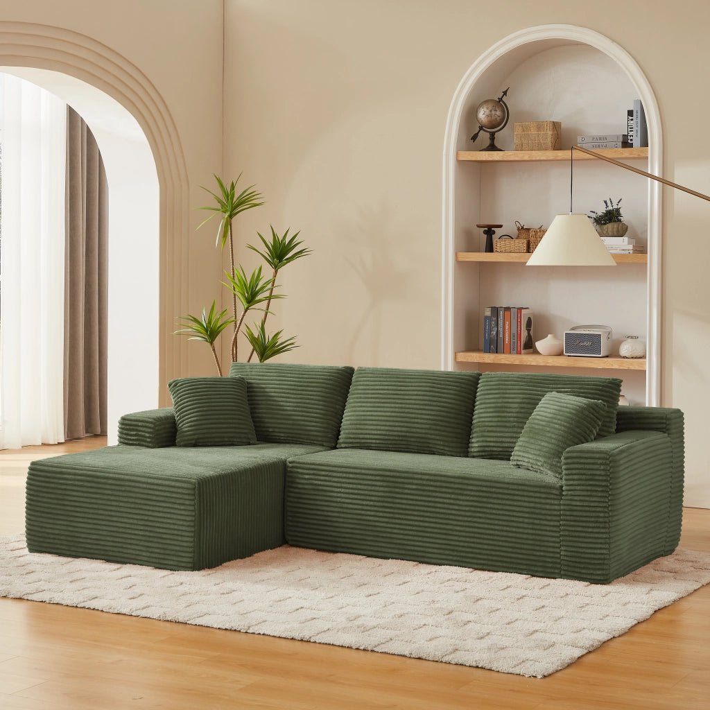 Divano modulare angolare con quattro configurazioni e cuscini removibili in schiuma e molle, verde