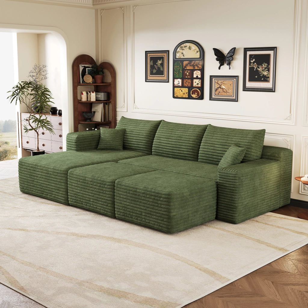 Divano angolare modulare senza montaggio in velluto a coste, seduta profonda e design minimal, verde