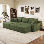 Divano angolare modulare senza montaggio in velluto a coste, seduta profonda e design minimal, verde