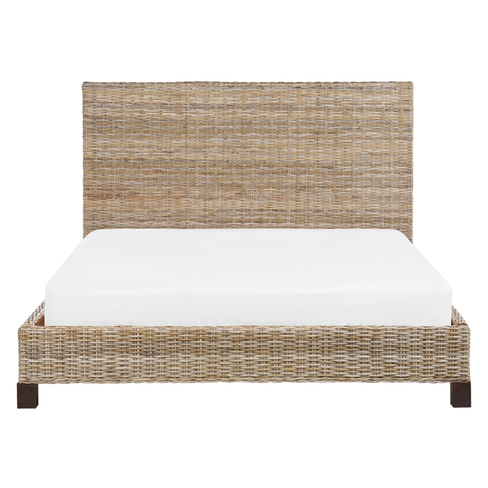 Letto a pannello Rattan naturale Legno di mogano UE Doppio 140 x 200 cm Rete a doghe Testata intrecciata Moderna Boho