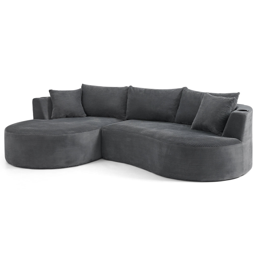 Divano a 3 posti dal design curvo in tessuto corduroy grigio; con portabicchieri e cuscini