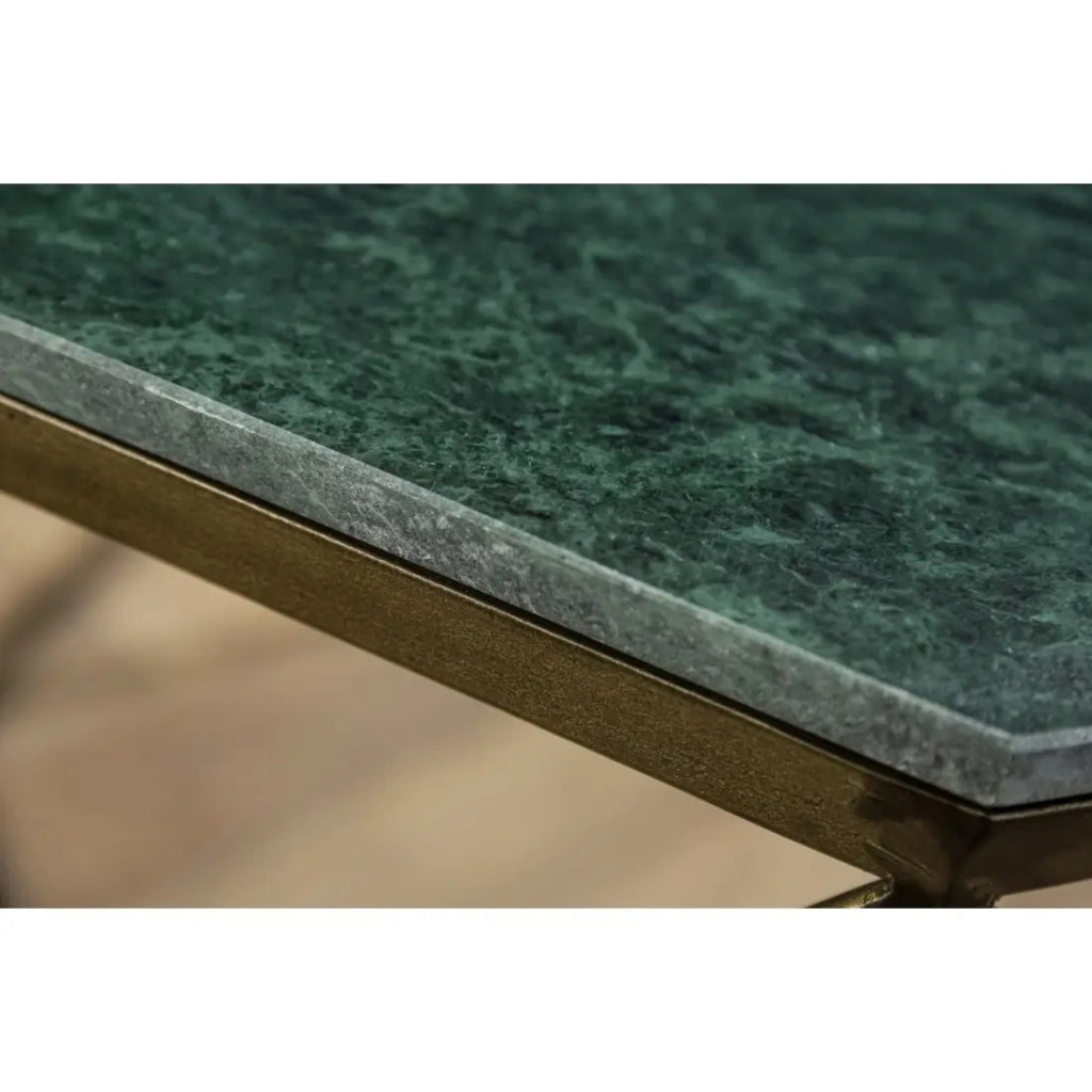 Table bassa NEXORA 70 cm in marmo verde e ferro finitura ottone design geometrico