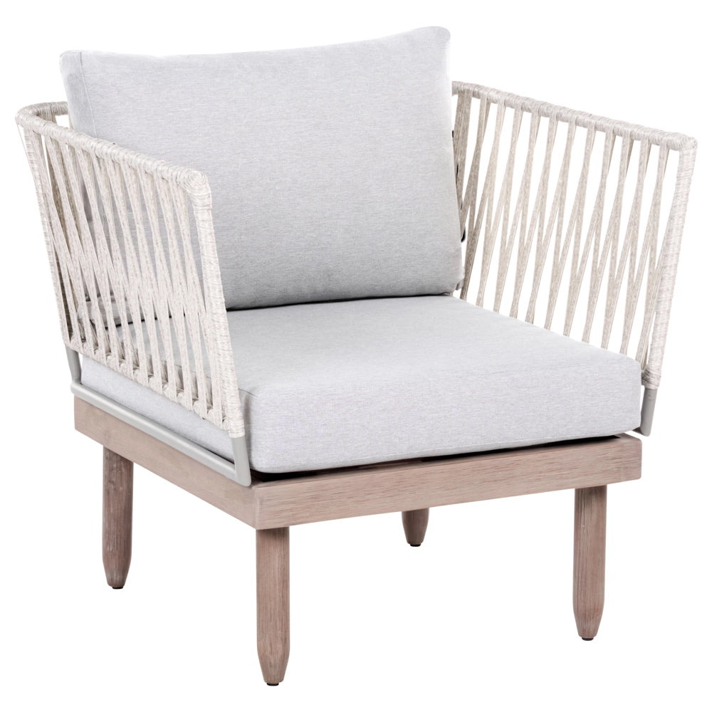 Set Lounge da Esterno in Legno di Acacia con Cuscini Grigi Poltrona in Finto Rattan Tavolino Destro 4 Posti