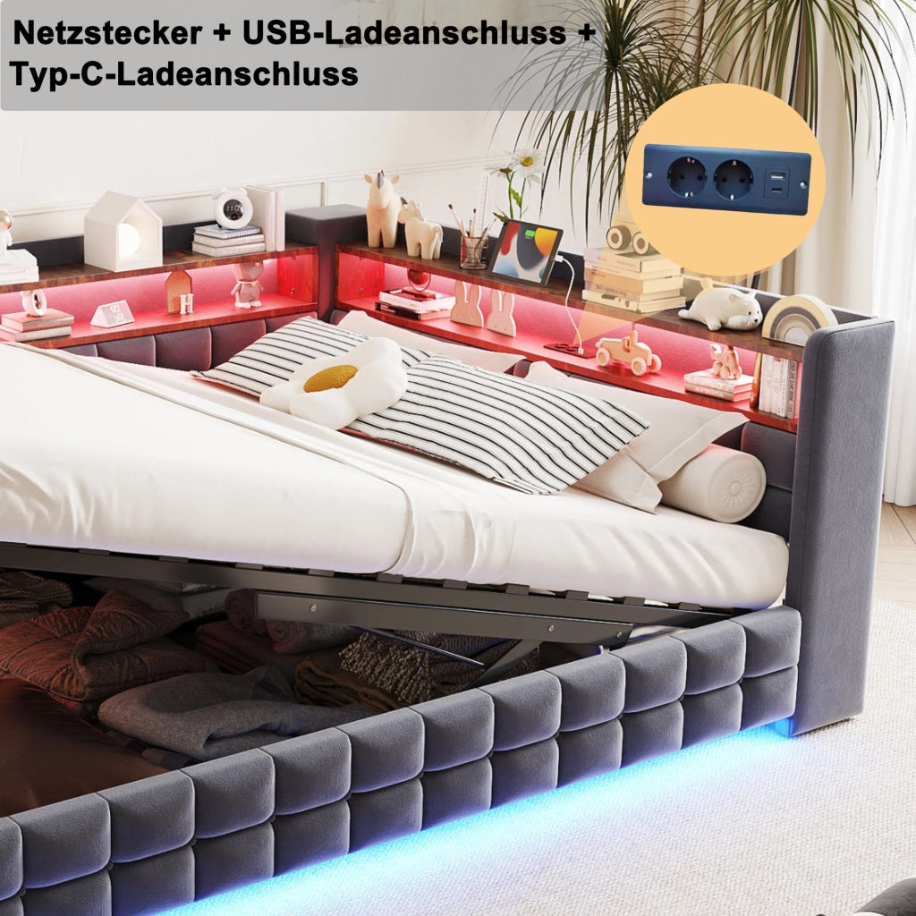 Letto divano 140 × 200 cm con contenitore idraulico, LED, presa USB e Type-C, senza materasso, in velluto grigio