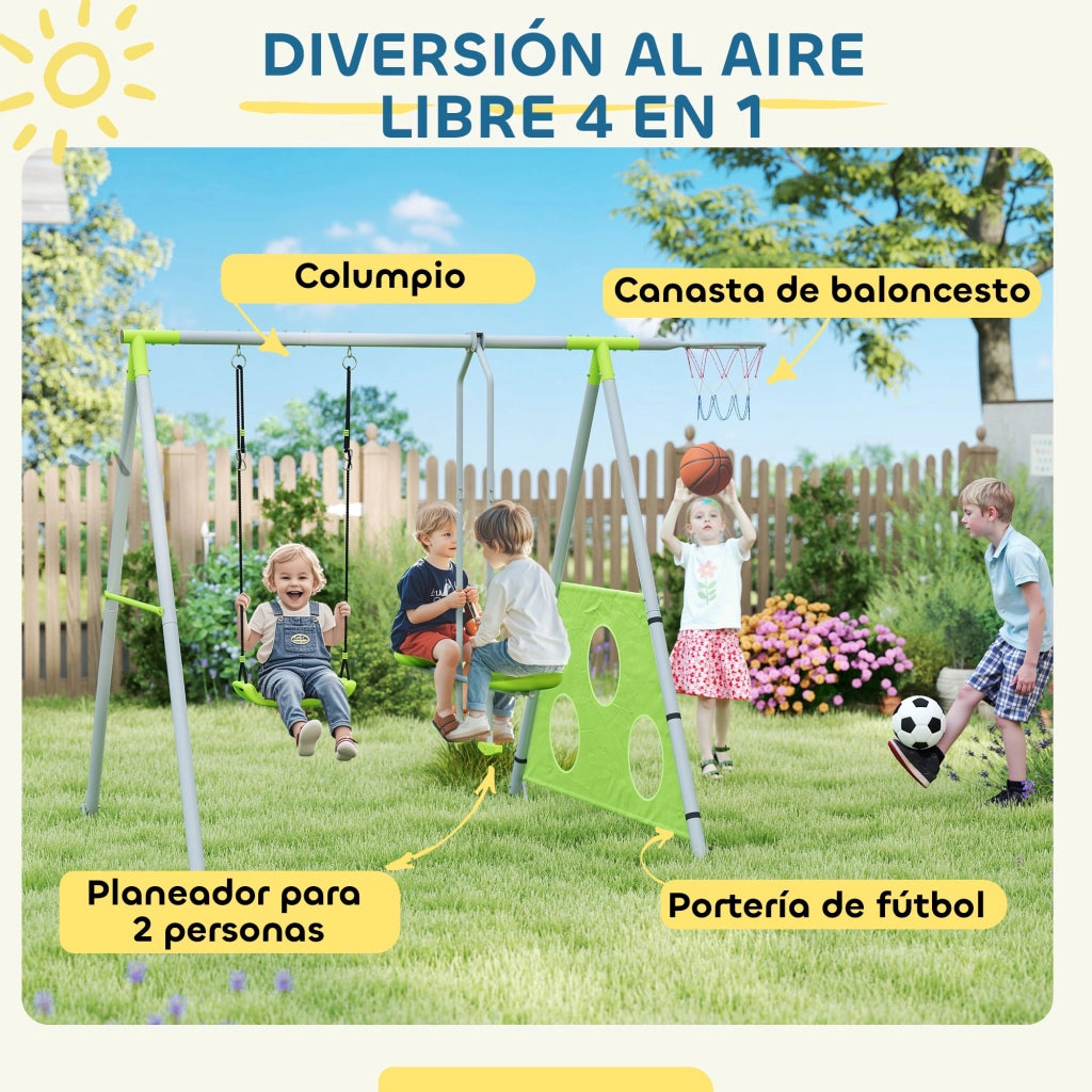 Set Altalene 4 in 1 con Dondolo, Cestino e Porta Bersagli per Bambini ¨C Zephmum ¨C Verde 215x180x182 cm
