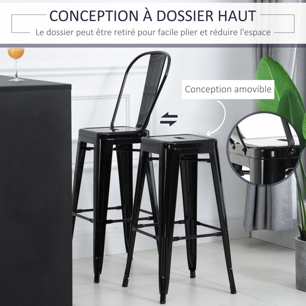 Set 4 Sgabelli da Bar Impilabili con Schienale Poggiapiedi Altezza Seduta 76cm ¨C Xylo ¨C Metallo Nero