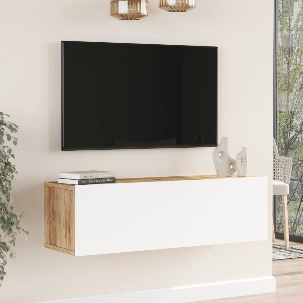 Mobile Porta TV Lapinlahti con Anta a Ribalta Consolle da Parete 100 cm - Rovere Rustico/Bianco [en.casa]