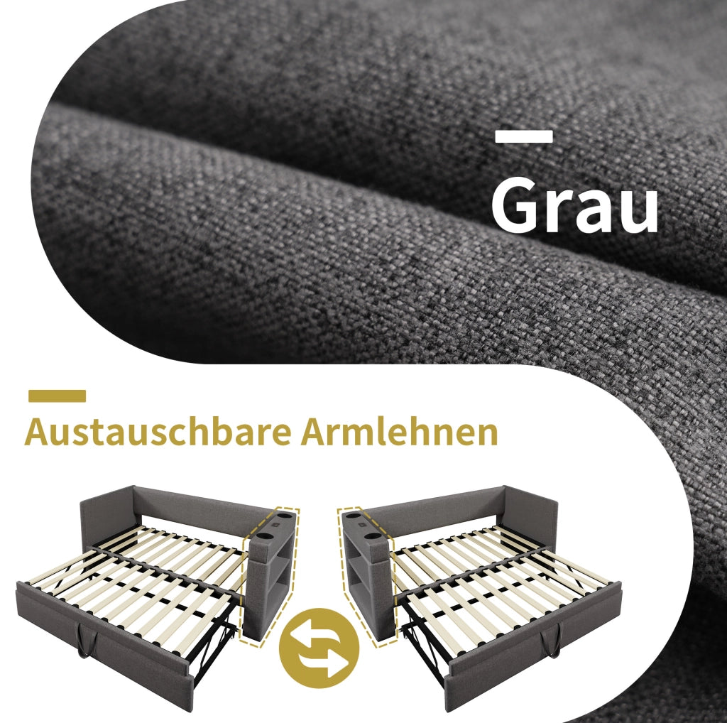 Daybed estraibile 90x200 cm grigio con USB-C e portabicchieri