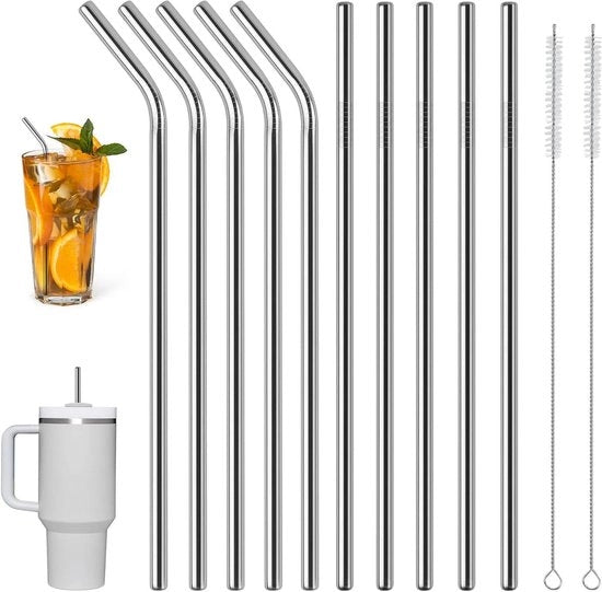 Set di Rietti Premium in Acciaio Inox Riciclabili 10 Pezzi + Set di Spazzole per Pulizia - Adatto per Tumbler da 30 oz 40 oz - Lunghezza 30 cm