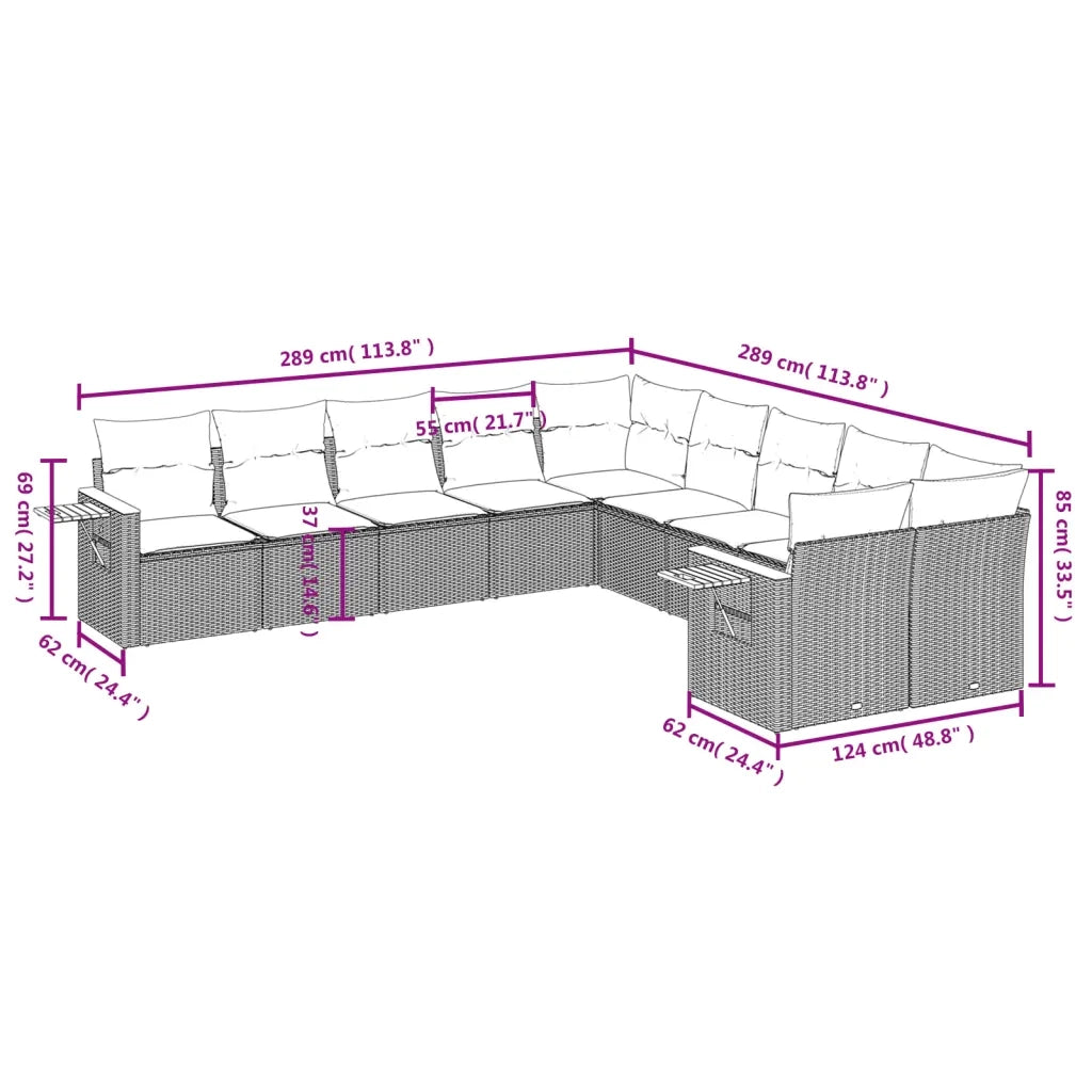 Set Divani da Giardino 10pz con Cuscini in Polyrattan Nero 3227189