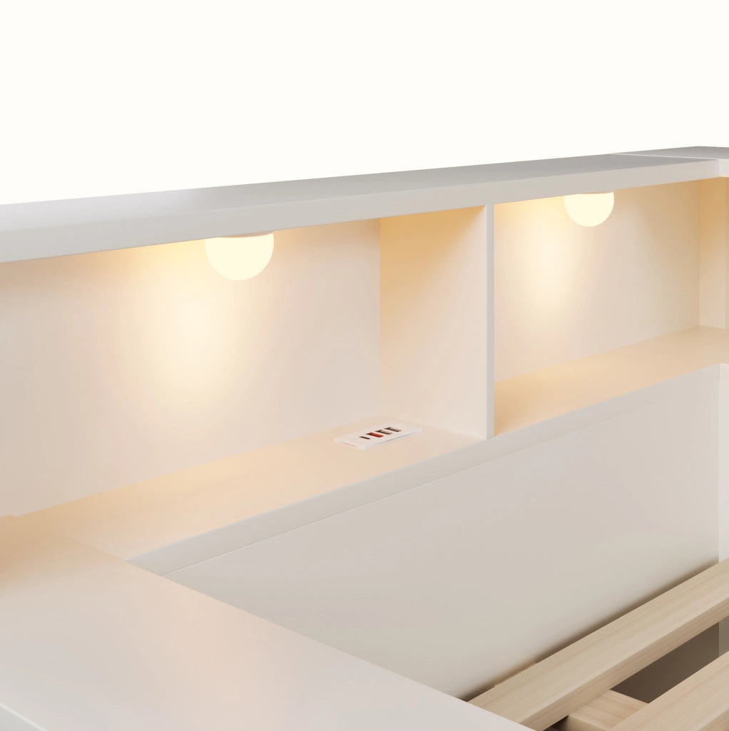 Letto 140x200 cm con vani contenitore, lampade e prese USB, in truciolare, MDF e compensato bianco