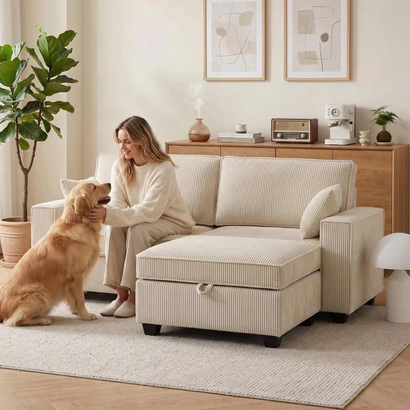 DIVANO angolare 3 posti con pouf contenitore 175 cm Cord Beige