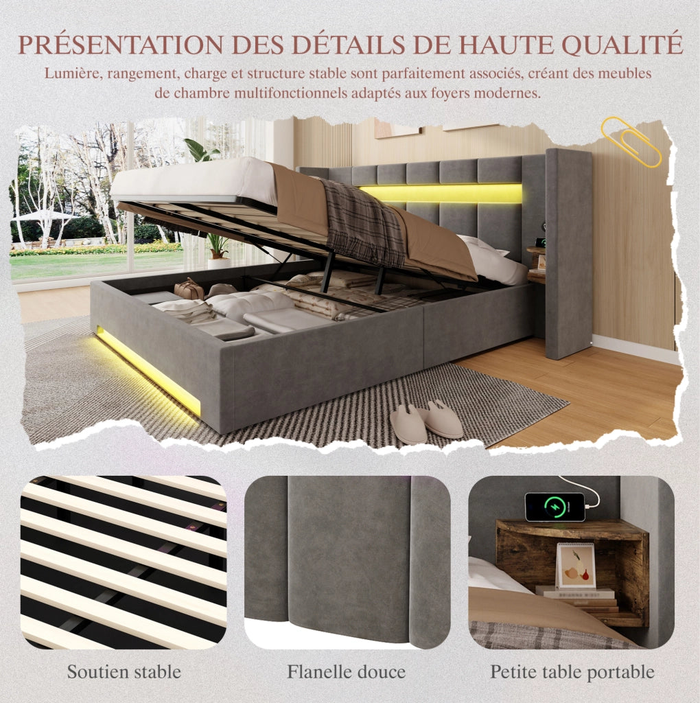 Letto matrimoniale 180x200 cm con contenitore idraulico; USB e LED in velluto grigio scuro