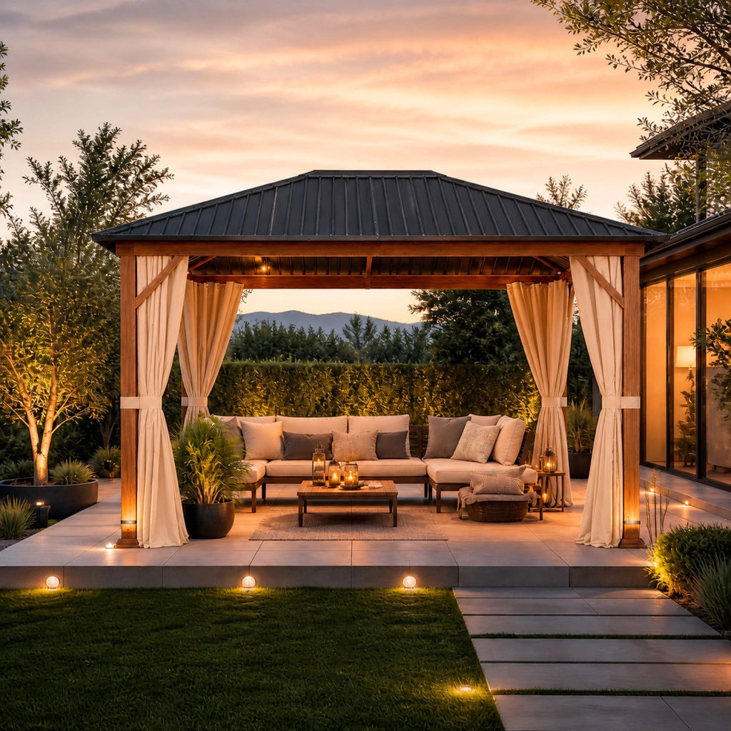Gazebo 3X4 Metri Per Giardino Con Tetto In Acciaio Zincato Struttura Effetto Legno Tende Laterali Impermeabile Per Outdoor Patio Terrazza 300 X 400 X 295 Cm Effetto Legno E Beige