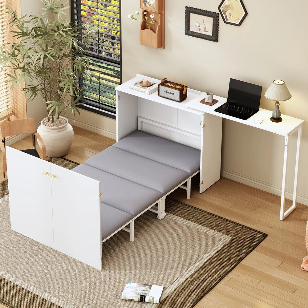Letto a scomparsa con scrivania girevole e materasso - Zephmum - Risparmio spazio, ruote, ideale per piccoli spazi