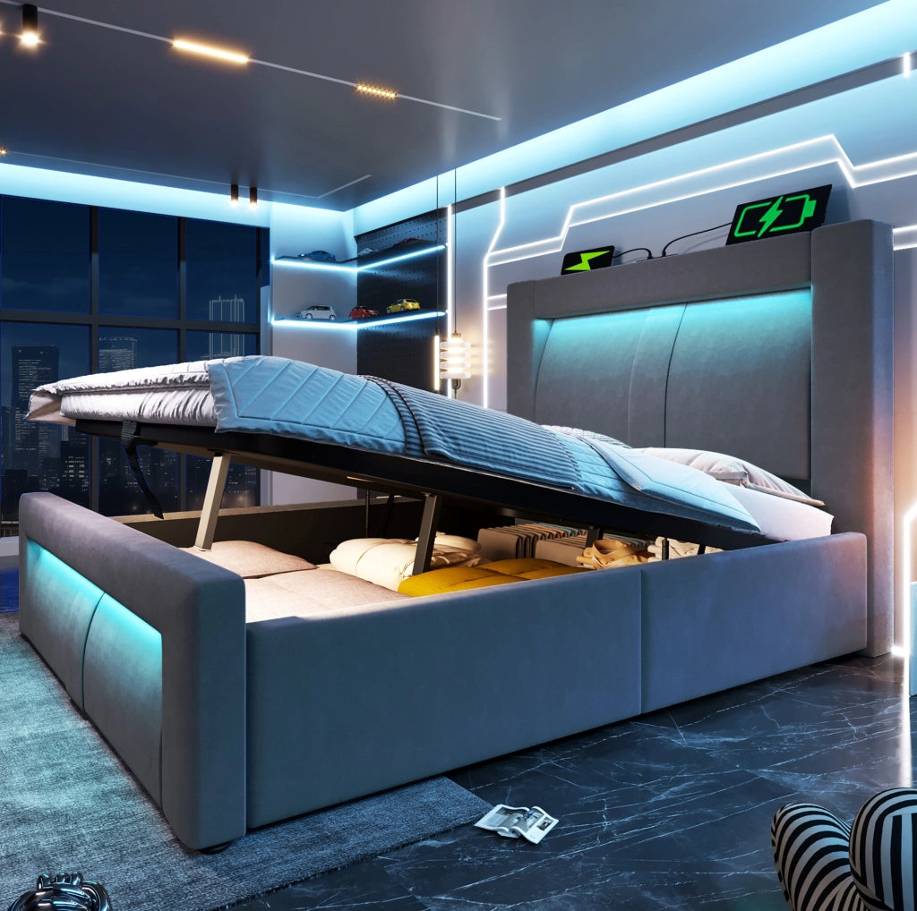 Letto singolo 90x200 cm con contenitore; LED; prese USB e Type-C; velluto grigio