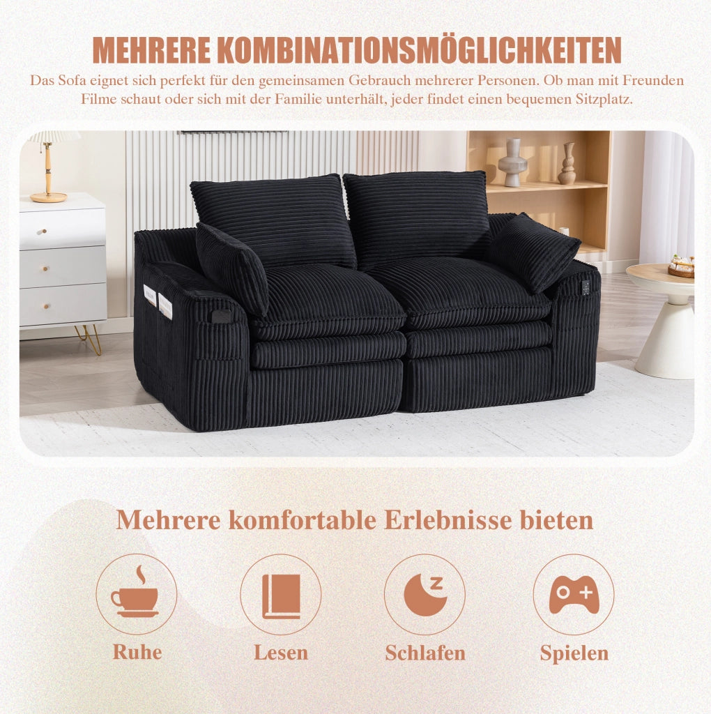 Divano 2 posti ULEVR 191x94x85 cm in velluto a coste nero con cuscini e tasche laterali