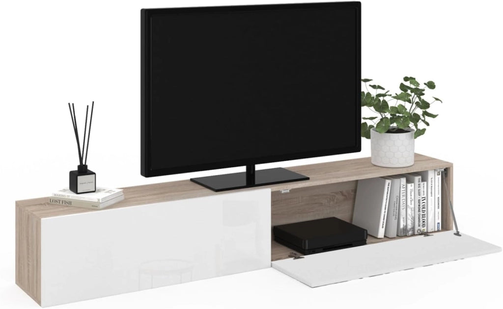 Mueble TV suspendido ELIO 2 puertas madera y blanco 180 cm