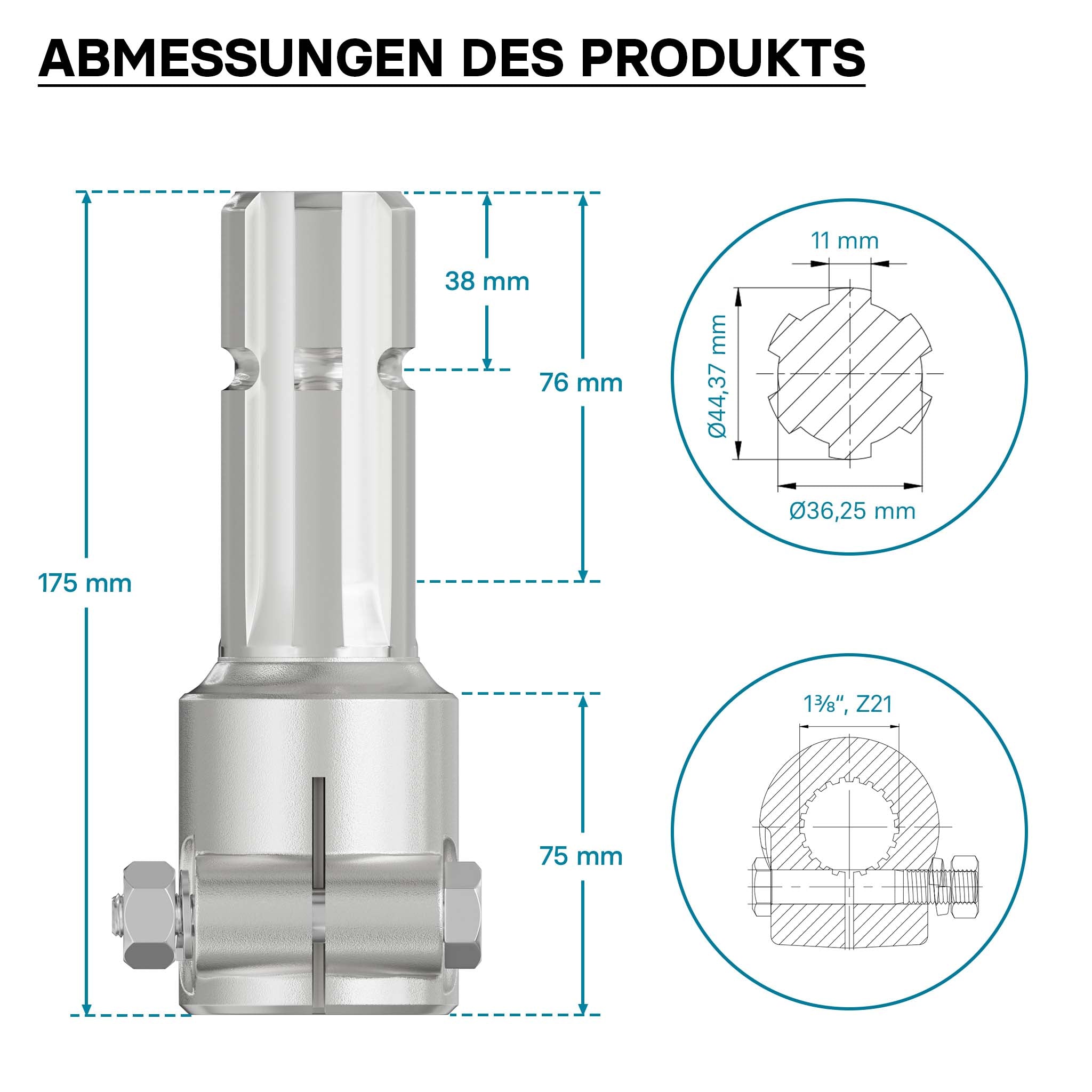 Boccola albero cardanico 175 mm Attacco albero scanalato 1 3/8" 21D Albero uscita 1 3/4" 6D Trattore