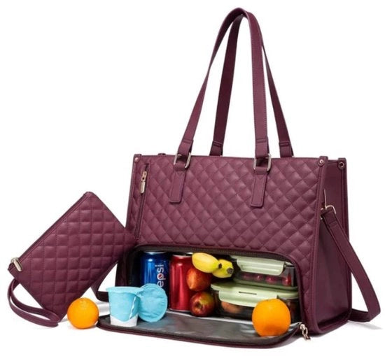 Borsa per laptop per donne, 15,6 pollici, con tas isolato per il pranzo, grande borsa per laptop con portafoglio per lavoro, ufficio, università, tempo libero, 42 * 18 * 30 cm, rosso bordeaux