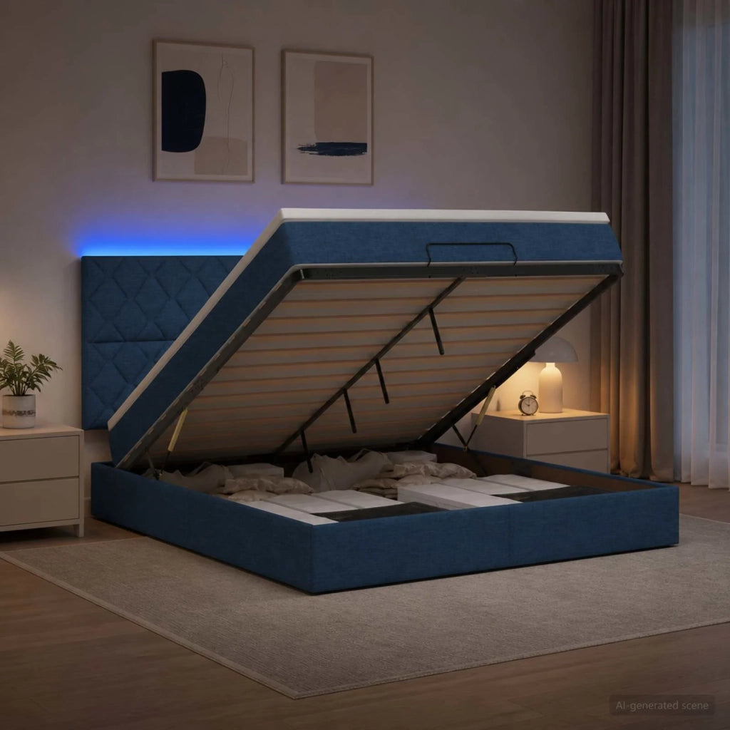 Letto Ottomano con Materasso e LED Blu 140 x 190 cm Tessuto 3458158