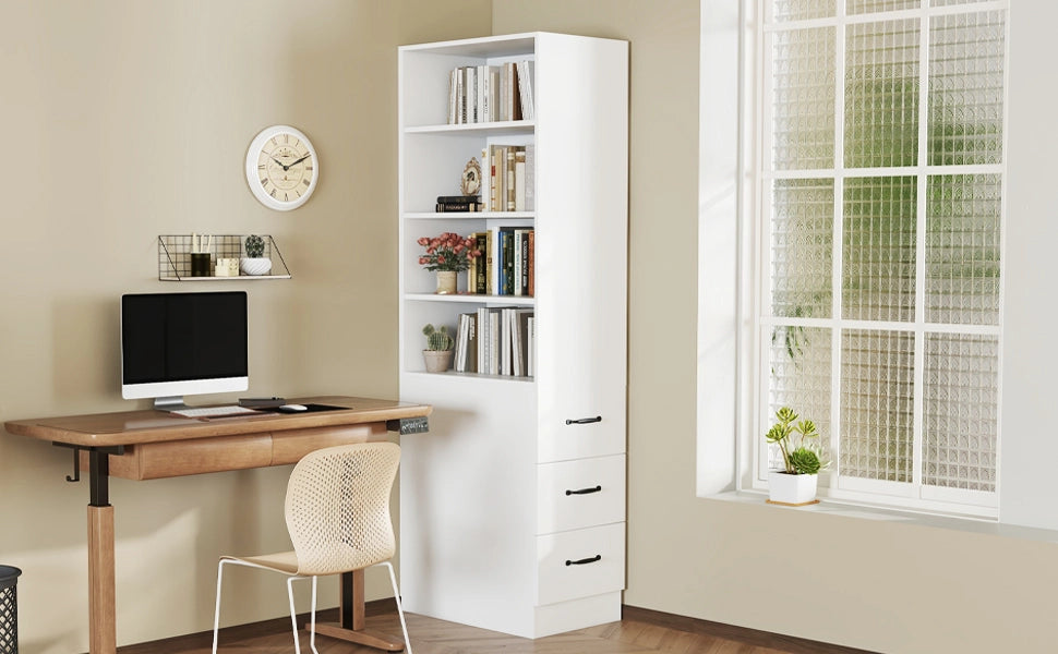 Libreria con 3 cassetti e 4 vani aperti, ripiani regolabili, per piccoli spazi, in truciolato, bianco, 60 × 38 × 180 cm