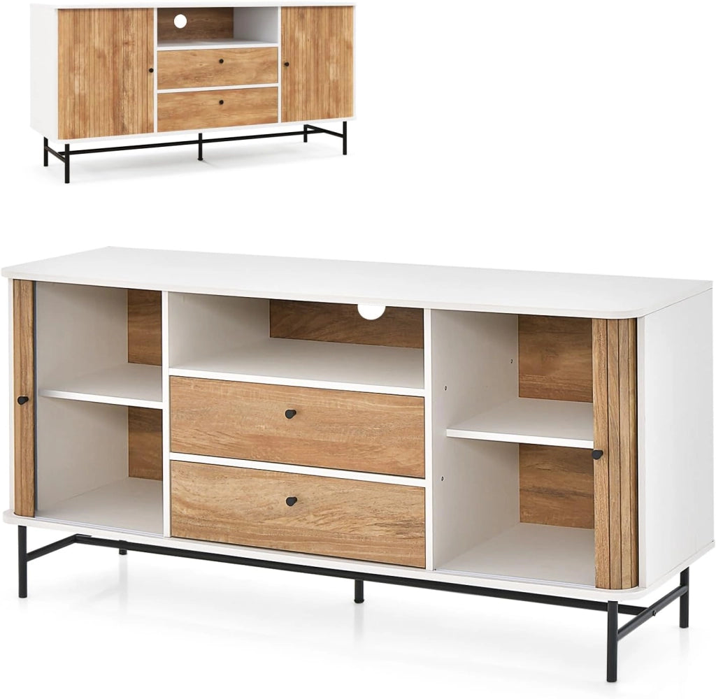 Credenza con ante scorrevoli, armadio a buffet con 2 cassetti e 1 ripiano aperto, comò in legno con protezione antiribaltamento, mobile TV per soggiorno, cucina, 150 x 45 x 74 cm