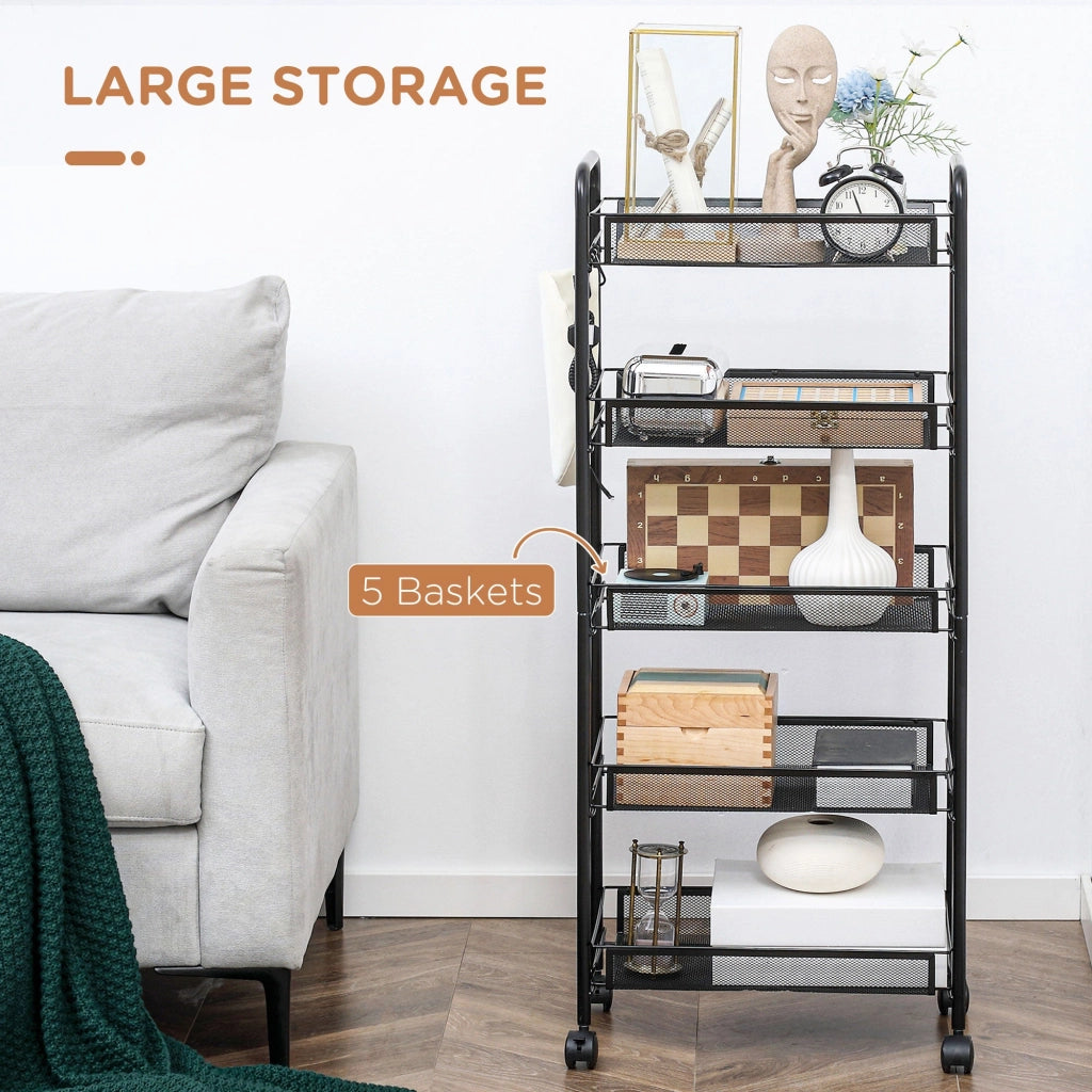 Carrello da Cucina Salvaspazio a 5 Livelli con Cestini a Rete 45x26,5x106 cm in Acciaio Nero