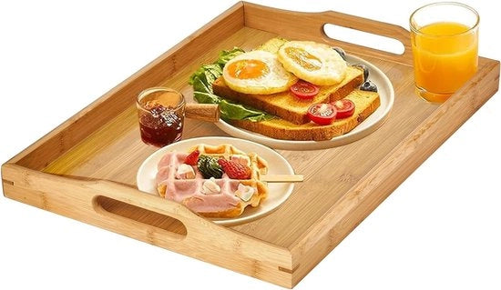 Tavolo da caffè in bambù rettangolare - Grande tavolo da caffè in legno con maniglie per colazione e cena - Tavolo da caffè per tè, caffè e snack (42 x 32 CM)