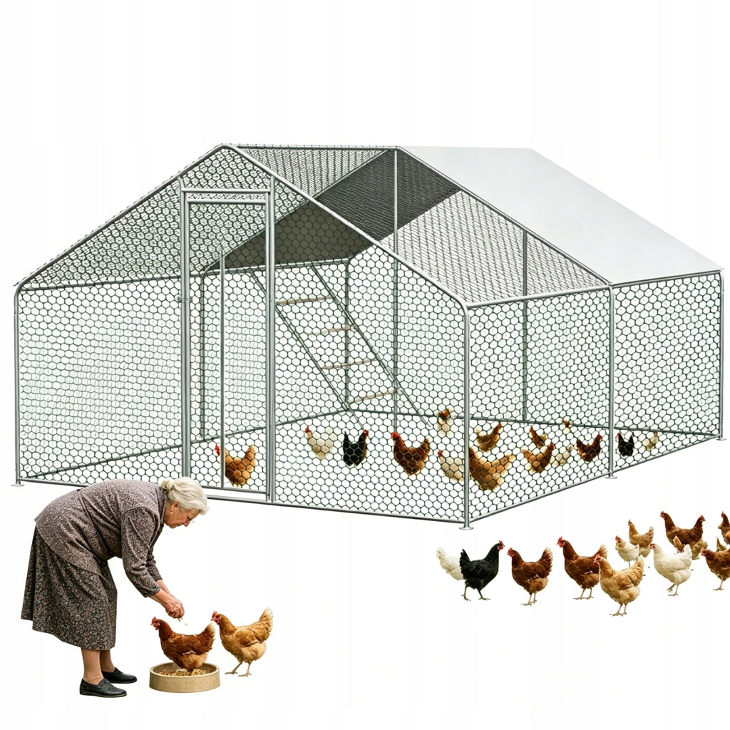 Recinto per Polli in Metallo 3×4×2 m con Telo PE Impermeabile; Porta con Serratura e Ampia Area Esterna per Animali