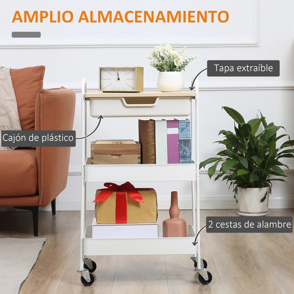 Carrello da cucina con ruote ¨C Xylo ¨C 2 cestini con cassetto estraibile e freni 43,9x30,5x75,6 cm bianco