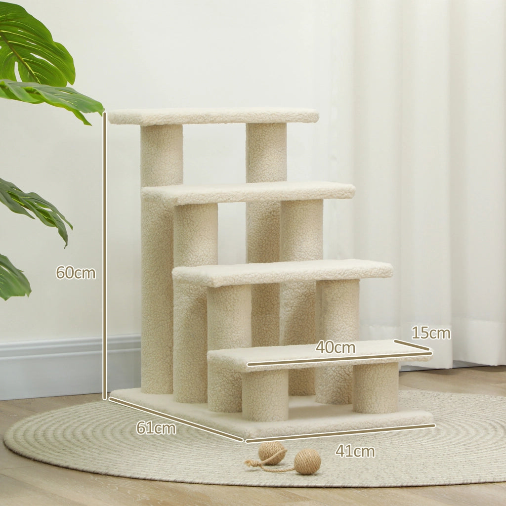 Scaffale a 4 gradini per cani e gatti in truciolare con rivestimento in peluche, bianco crema, 63,5 × 43 × 60 cm