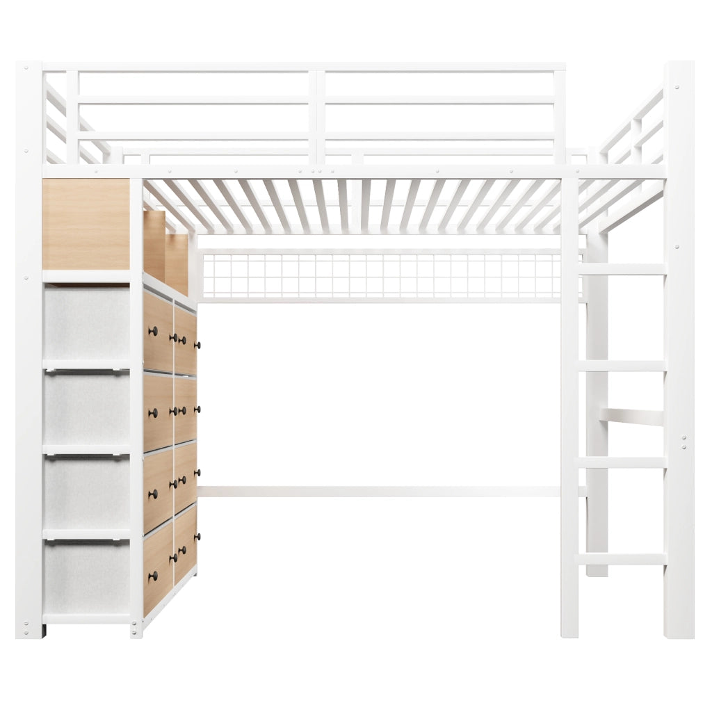 Letto a Soppalco 140x200 cm - 8 Cassetti; LED e Mensole - in Metallo - Bianco