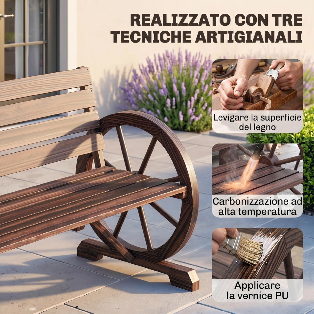 Panchina da Giardino da 2 Posti con Braccioli a Ruota, Panchina da Esterno a Doghe in Legno di Abete, Stile Country, 105.5x59x75 cm, Marrone