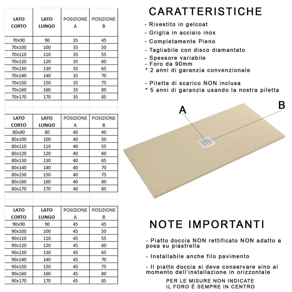 Piatto doccia in marmo resina effetto pietra con foro centrale crema chic, misura 75x140