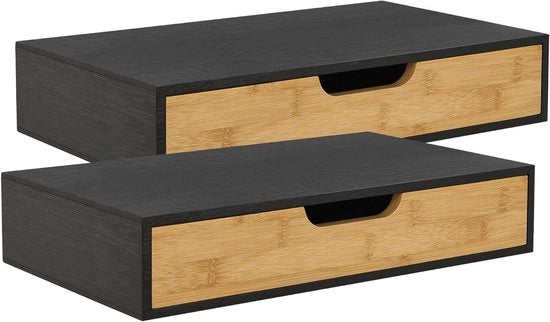 Set di 2 pannelli di parete Bokn con cassetto di bambù - comodino da notte fluttuante 40x24x8 cm nero