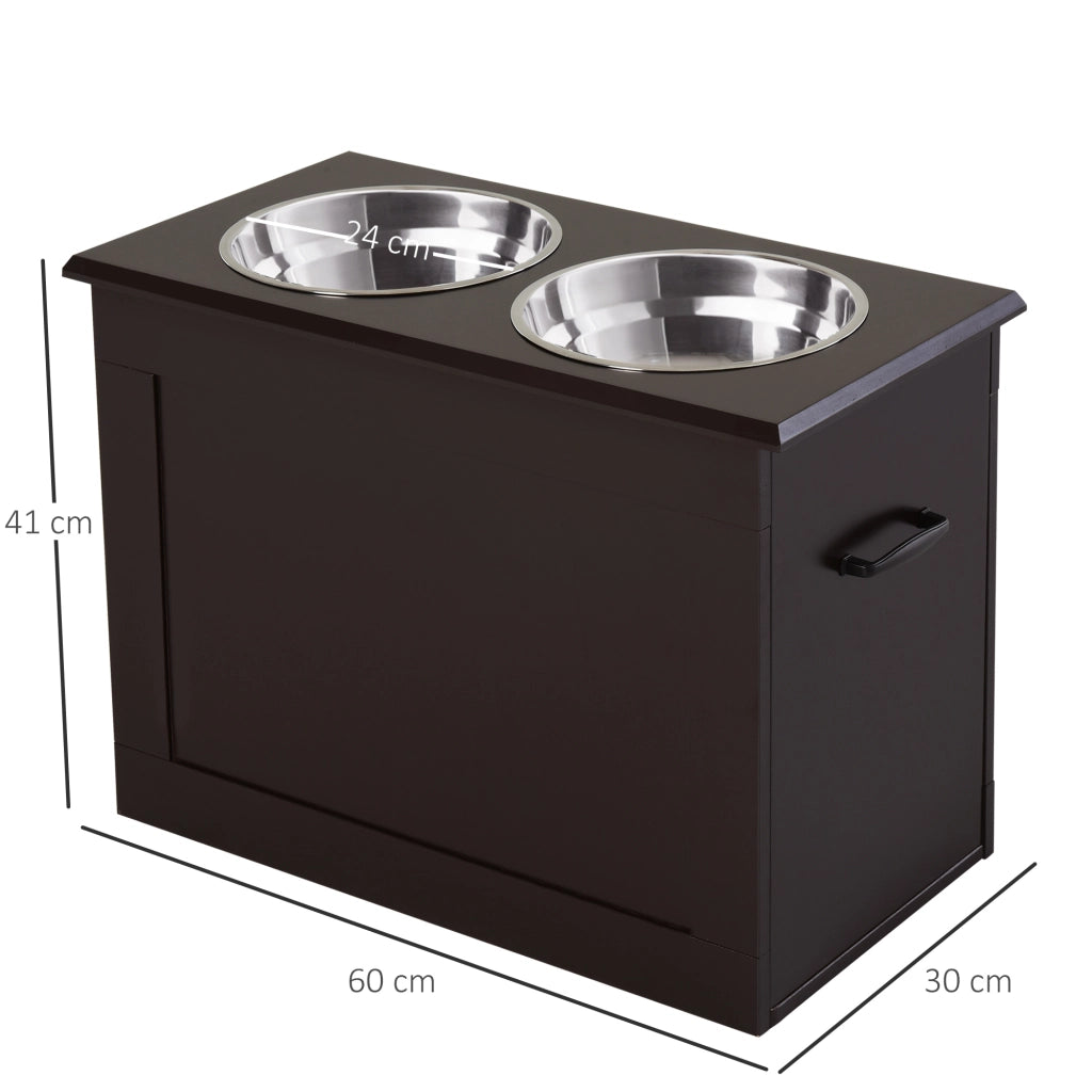 Scaffale rialzato con due ciotole e vano nascosto per cani grandi e anziani con maniglia laterale in MDF marrone 60 × 30 × 41 cm