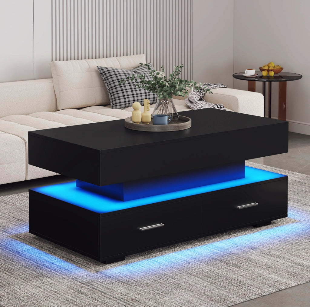Tavolino da caff猫 100x50x44 cm; alzata idraulica con LED e vani contenitore; truciolare nero
