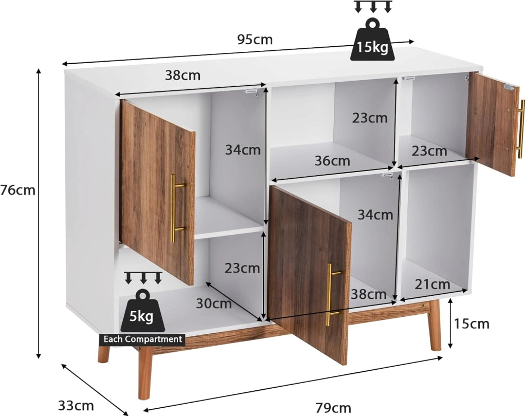 Credenza in legno, armadietto a buffet con 6 scomparti, con manici in metallo e dispositivo di sicurezza ribaltabile, 95 x 33 x 76 cm, cassettiera per soggiorno, cucina (bianco + marrone)