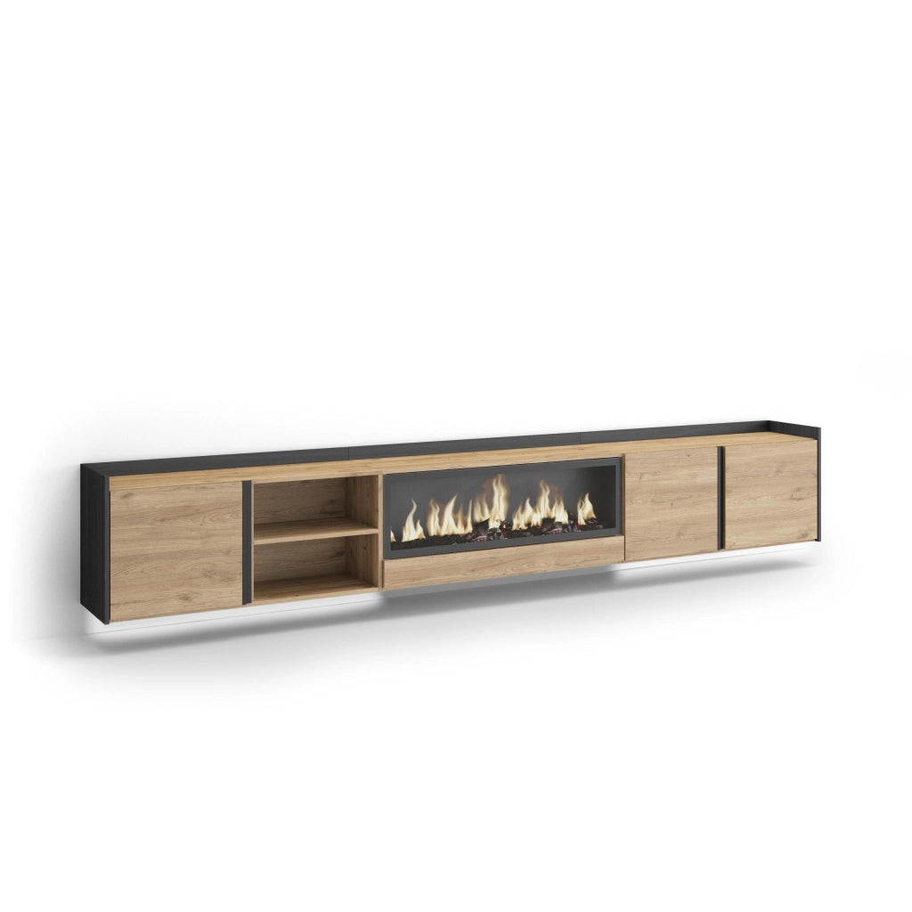 Mobile TV Soggiorno, 315x50x35 cm, Per TV fino a 80", Camino elettrico XXL, Sospeso, da appendere, LED, Rovere e nero